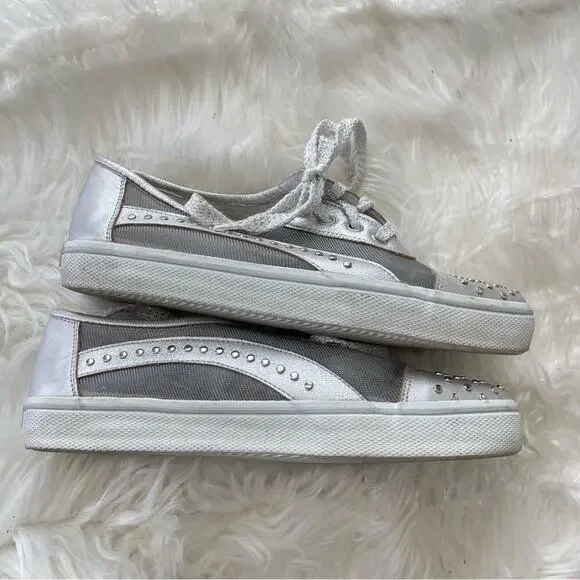 Stuart Weitzman | Women’s Silver Mesh Studded Studs Embellished Sneakers Shoes 7 - Picture 2 of 10